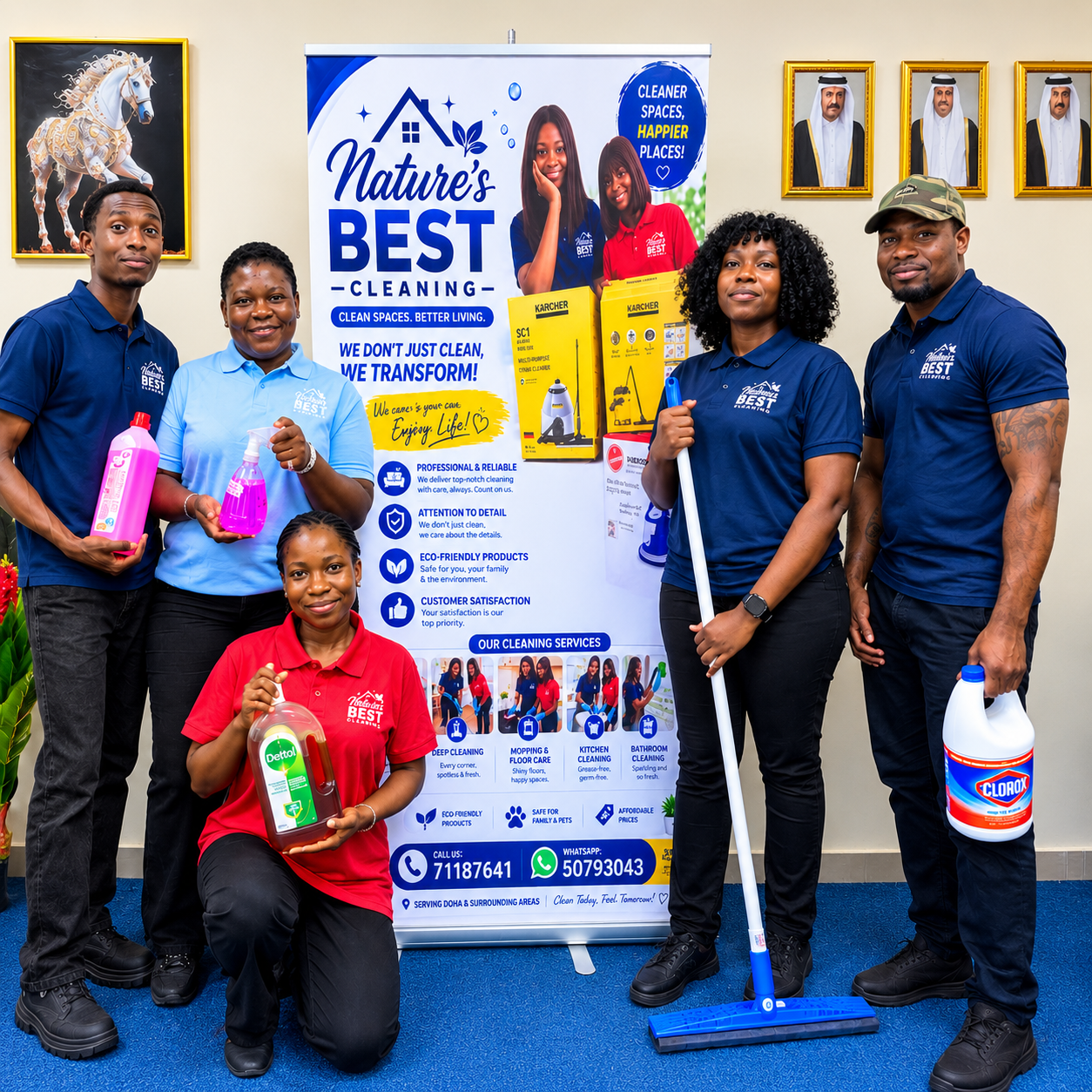 Nature's Best Cleaning team in uniform inside a bright Doha apartment